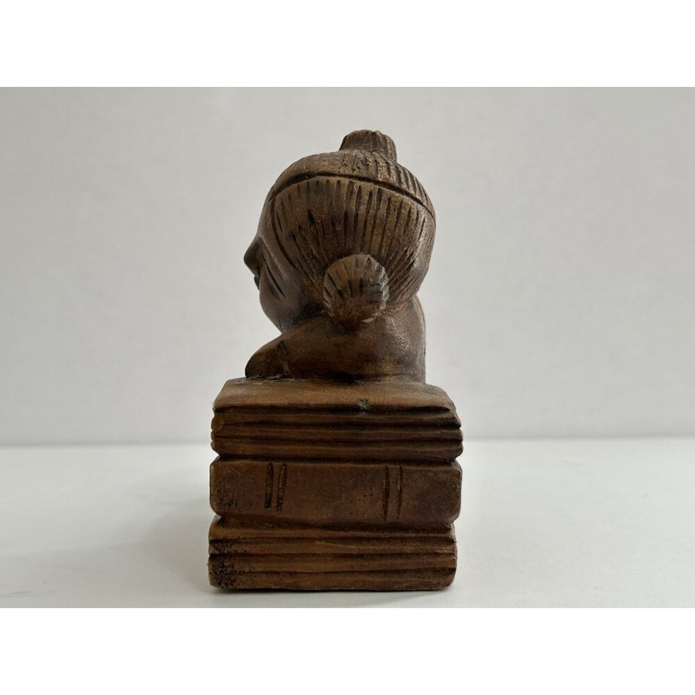 Vintage Wooden Sleeping Asian Child Resting on Books Lucky Charm Oriental Decor - Picture 2 of 8